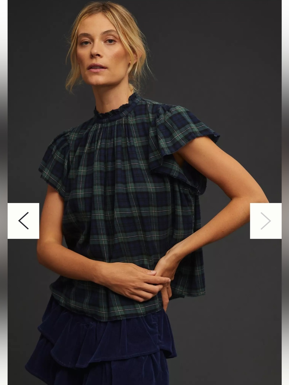 Trovata Birds of Paradis The Carla Highneck Blouse Flutter Sleeve Plaid Small - Picture 3 of 11